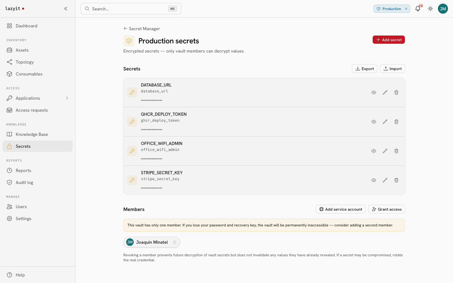 lazyit Secret Manager: an end-to-end encrypted vault — values are encrypted in the browser, and the server holds an unreadable blob.